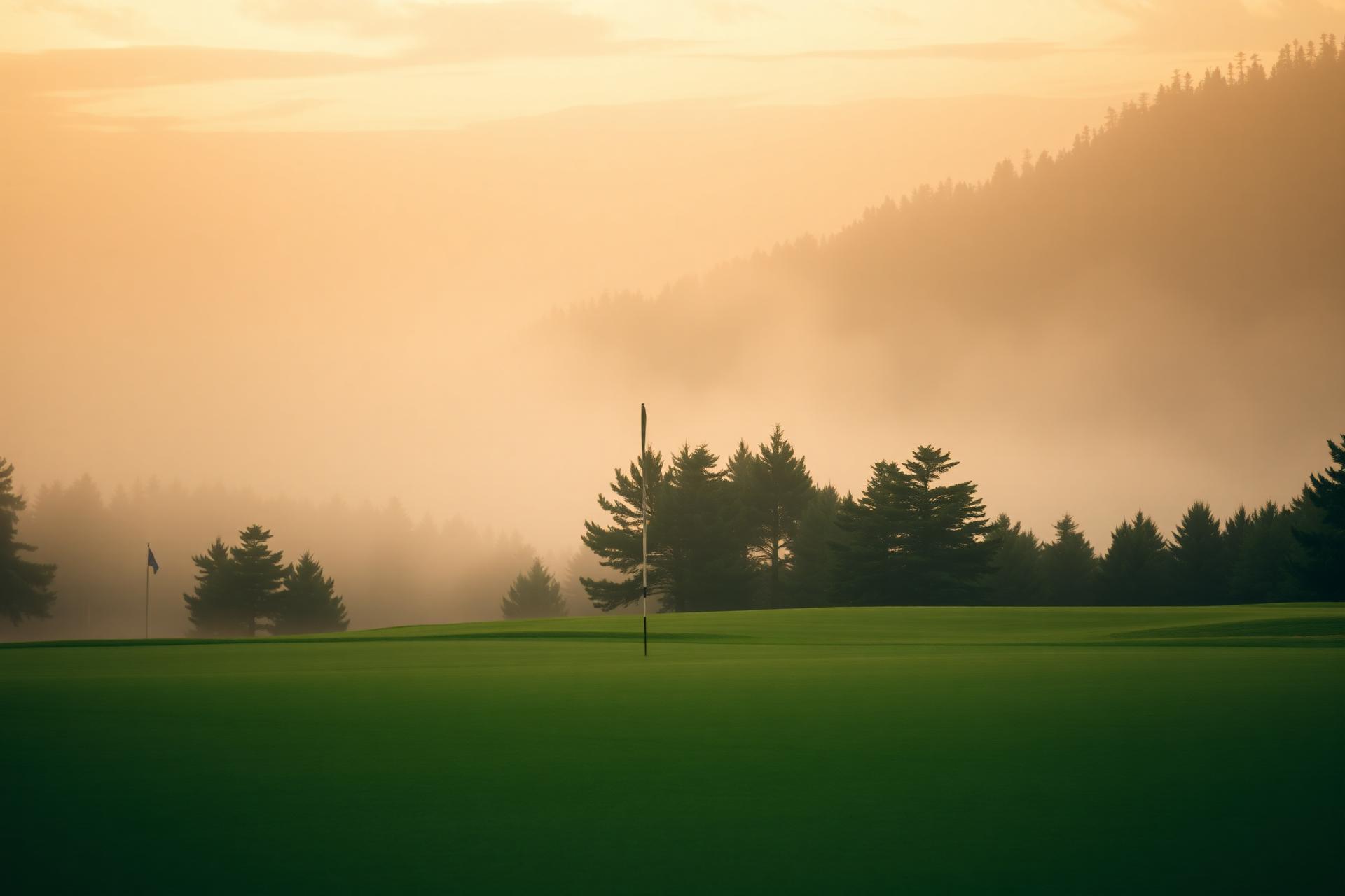 Misty fairway at golden hour with a lone flag pin